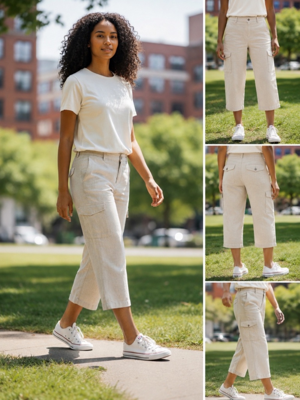 Liz & Co Linen Blend Cargo Pants Ivory Crop Wide Leg Size 6